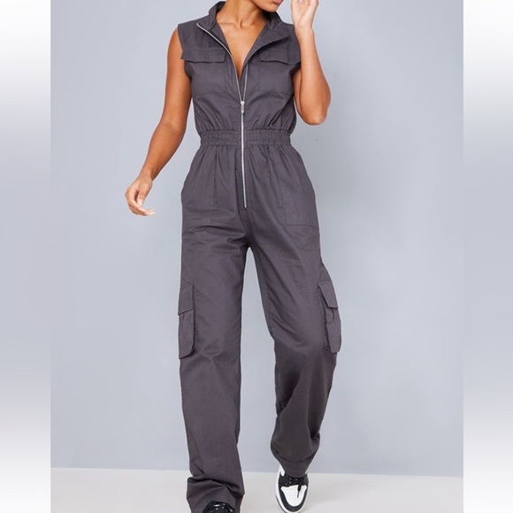Sincerly Jules Pants - Sincerely Jules Charcoal high neck sleeveless pocket detail utility jumpsuit M